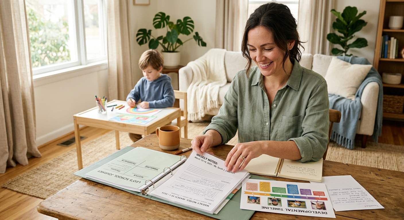 Photorealistic close-up of a parent organizing a child’s school notes, developmental timeline, and teacher feedback in a c...