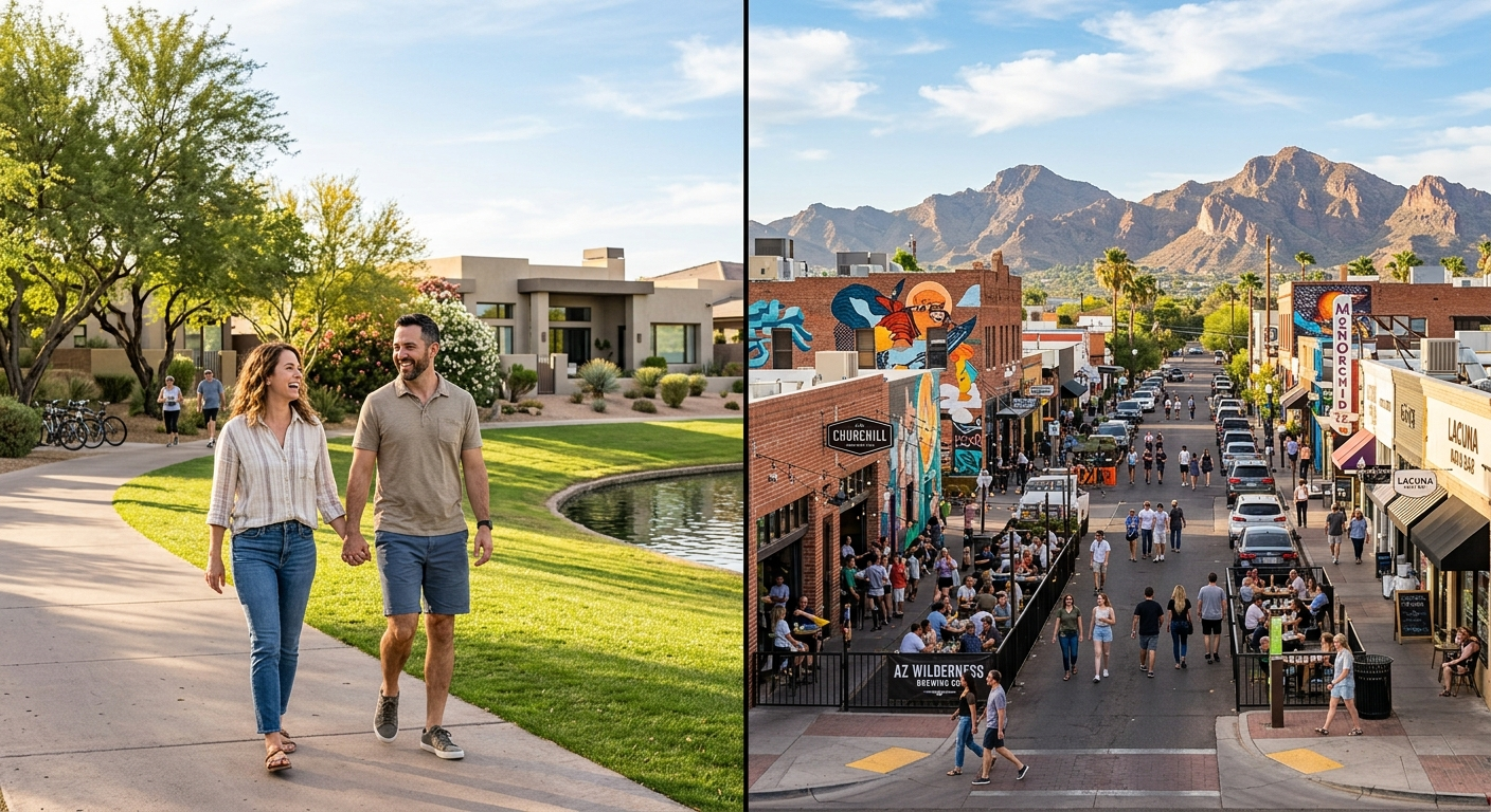 Photorealistic split-scene lifestyle image, with a couple walking beside the Scottsdale greenbelt and modern homes on the ...