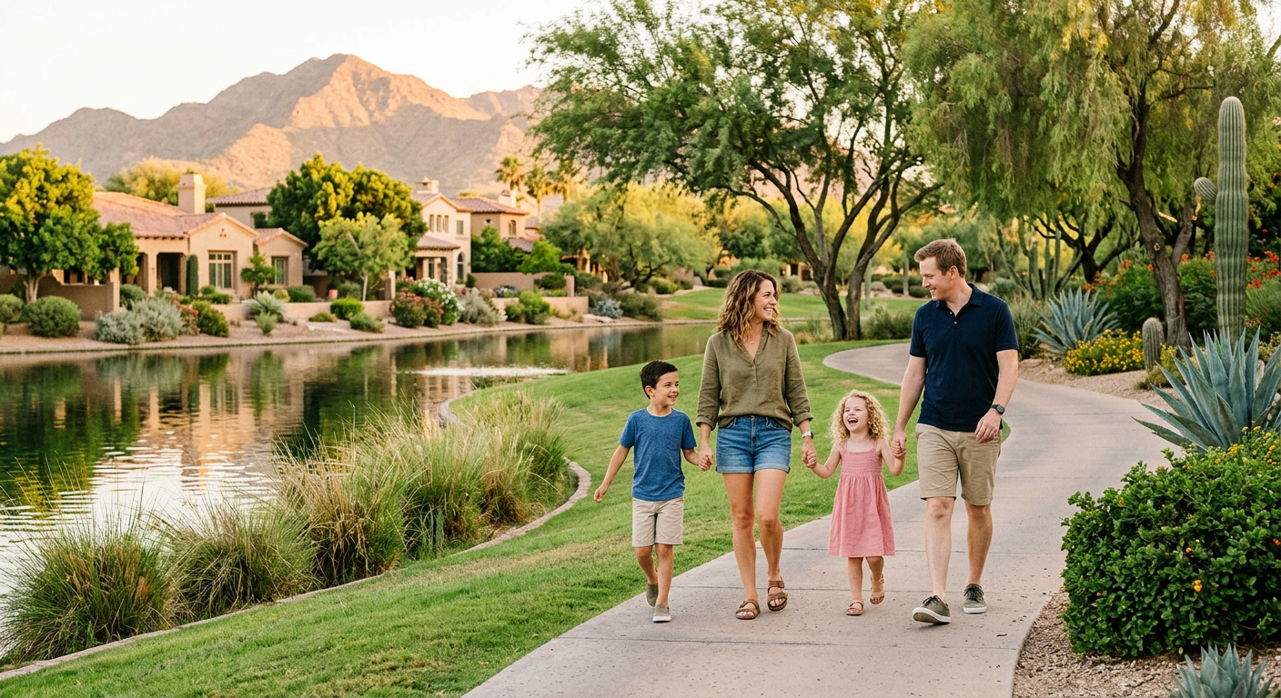 Photorealistic family scene in a central Scottsdale neighborhood, with parents and children walking beside a landscaped gr...