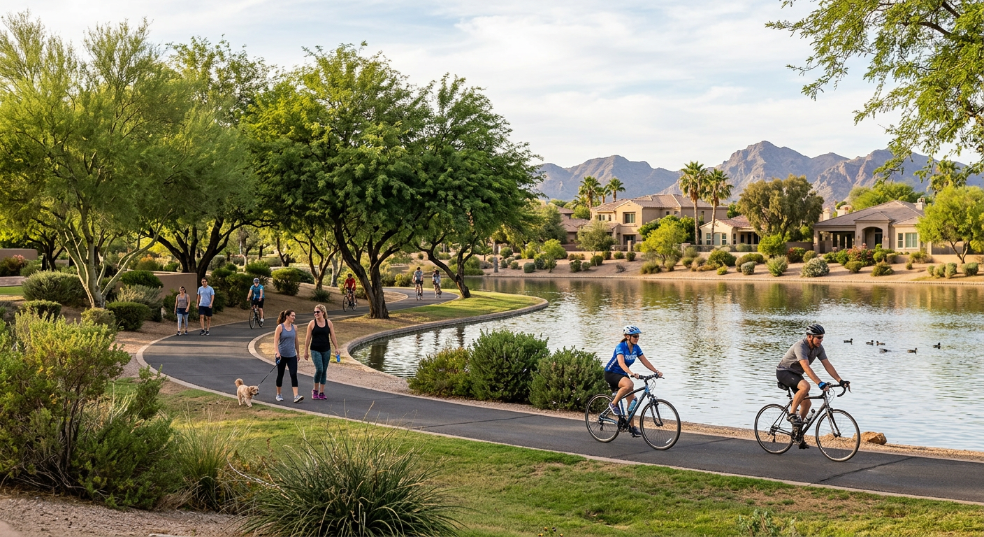 Photorealistic neighborhood lifestyle scene at Chaparral Park in Scottsdale, with people walking near the lake, cyclists o...