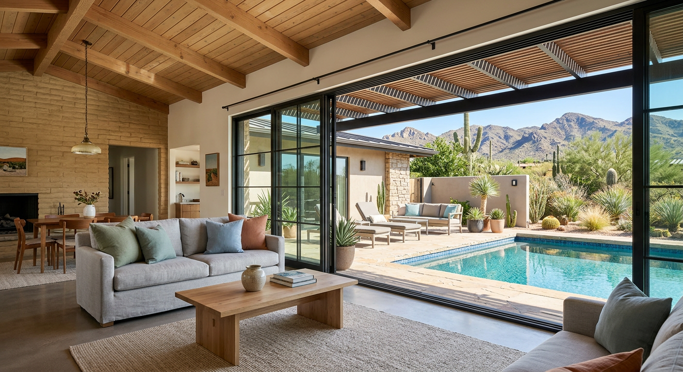 Photorealistic interior-exterior view of a renovated mid-century Scottsdale ranch home, showing an open living room flowin...