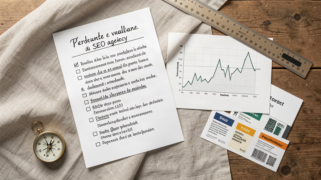 Table de travail avec checklist d'évaluation d'une agence SEO et données de trafic