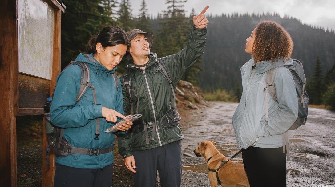 Hiker in rain gear with waterproof jacket and backpack on wet trail