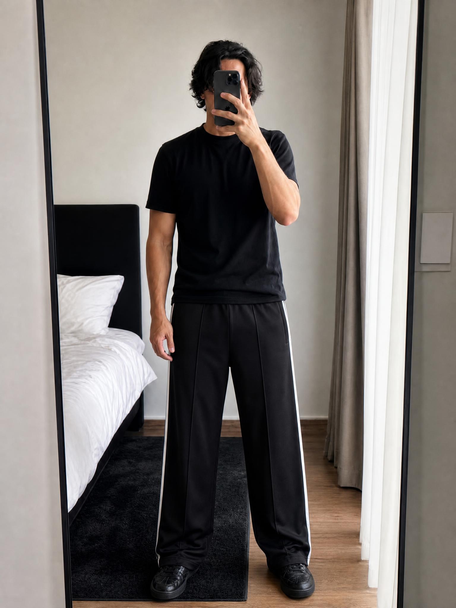 Black Track Pants with White Side Panels – Very Good