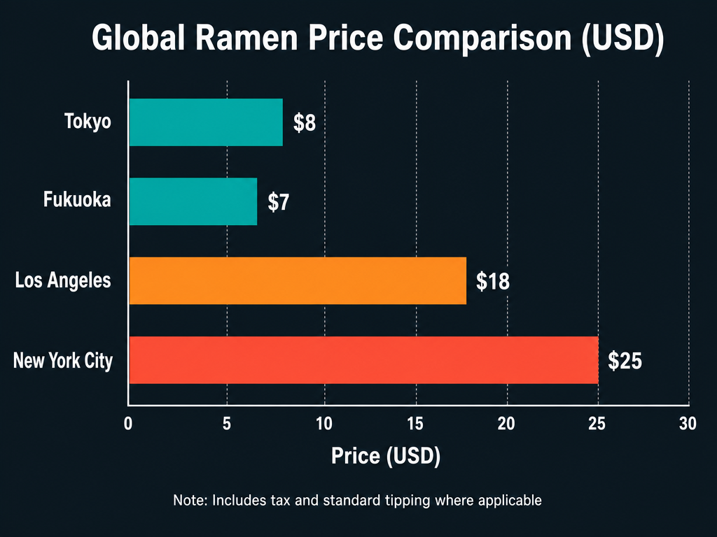 Bar chart comparing 2026 ramen prices in Tokyo, Fukuoka, LA, and NYC, showing Tokyo at 8 dollars and NYC at 25 dollars per craft bowl.