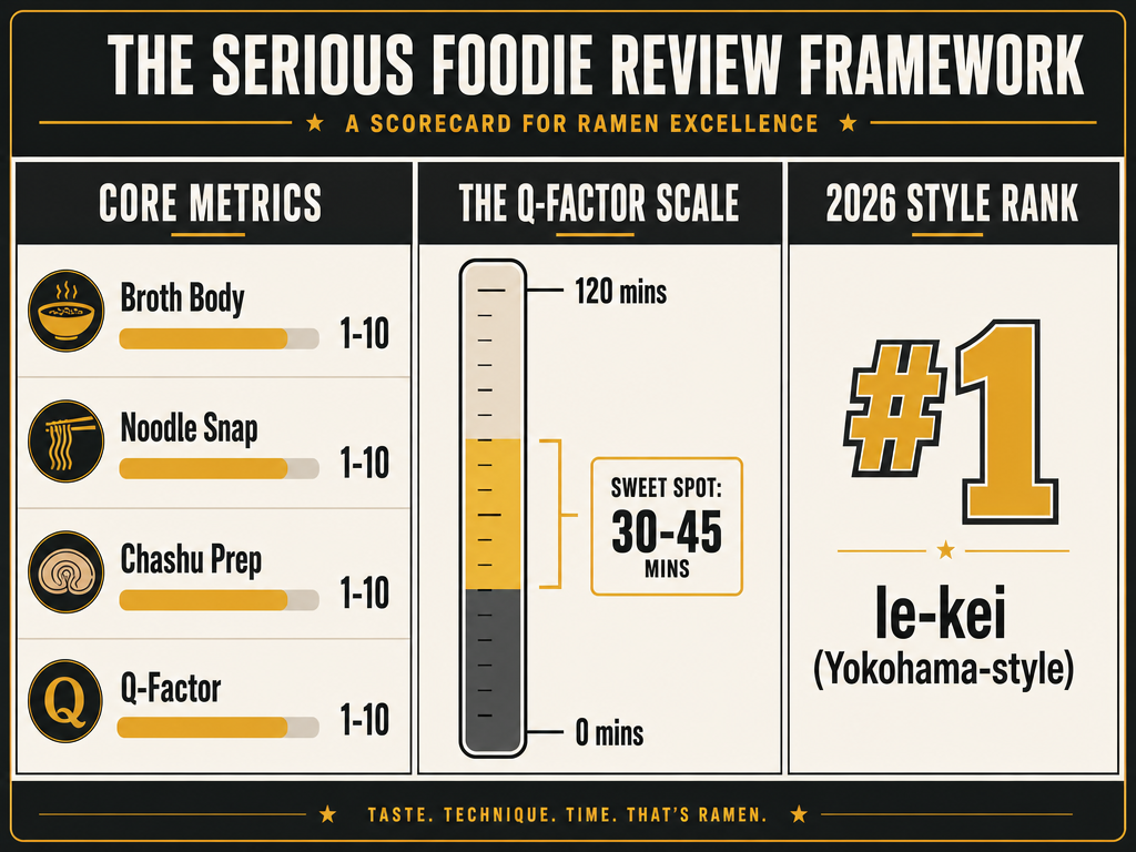 Ramen review framework infographic with broth and noodle metrics, a Q-Factor wait time scale, and Yokohama-style ranked as number one.