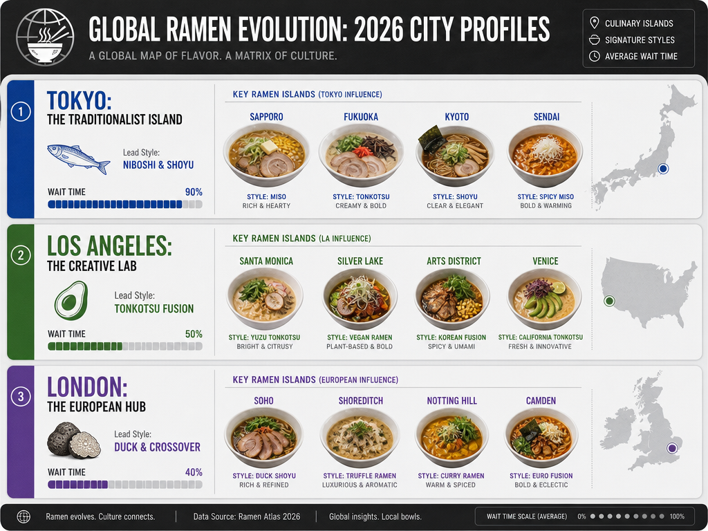 Visual matrix showing ramen styles for Tokyo, Los Angeles, and London, highlighting traditional, fusion, and crossover trends for 2026.