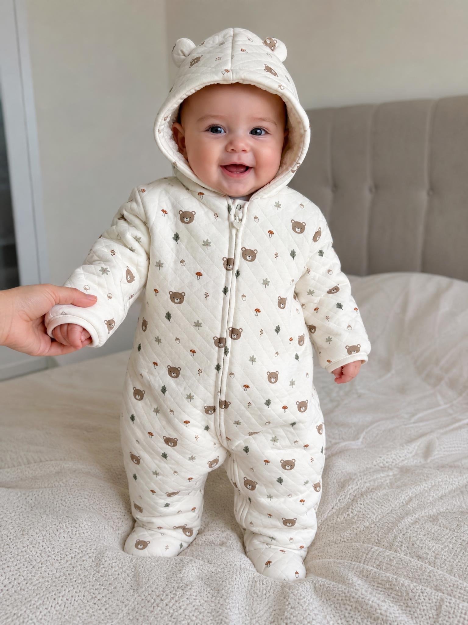 Quilted baby sleepsuit with bear print and hood