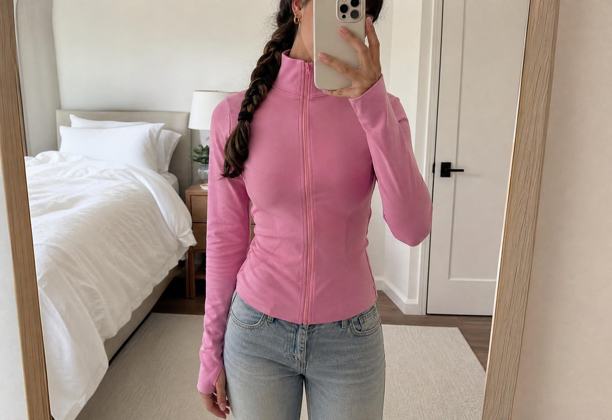Pink fitted zip-up activewear jacket with ribbed side panels