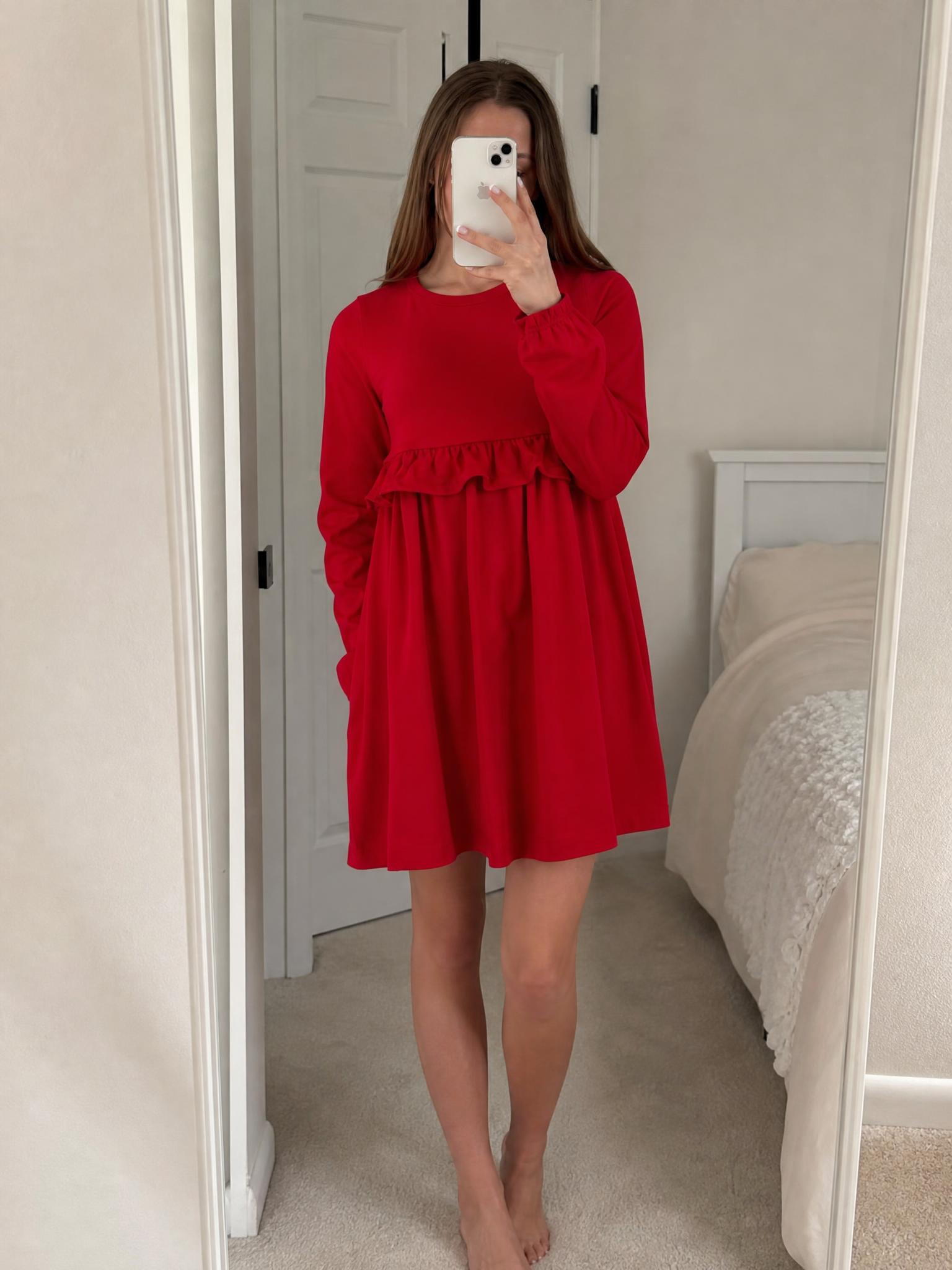 Red Girls’ Long-Sleeve Ruffle Dress – Very Good Condition