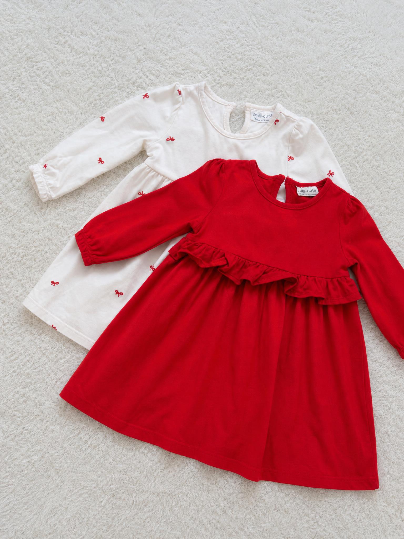 So Cute girls’ dress bundle – red ruffle & bow print dresses