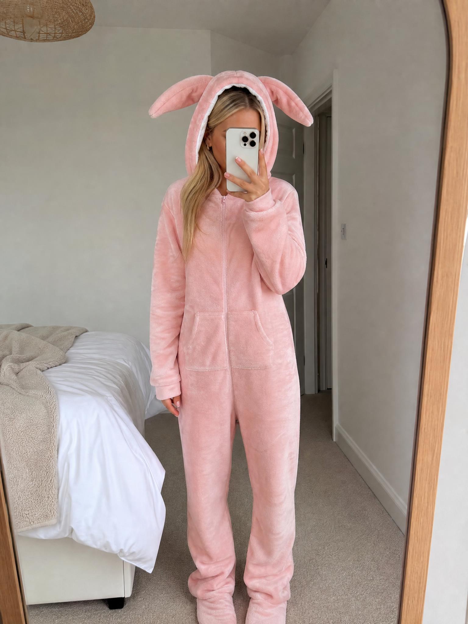Pink Bunny-Ear Hooded Fleece Baby Sleepsuit