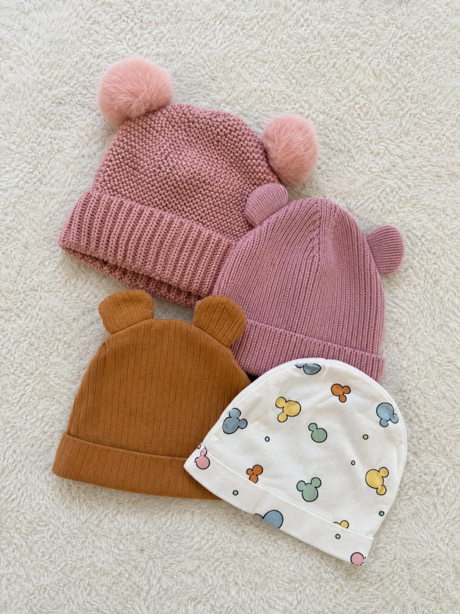 4-Piece Kids Hat Bundle Pink Pom-Pom, Ribbed & Cartoon Print