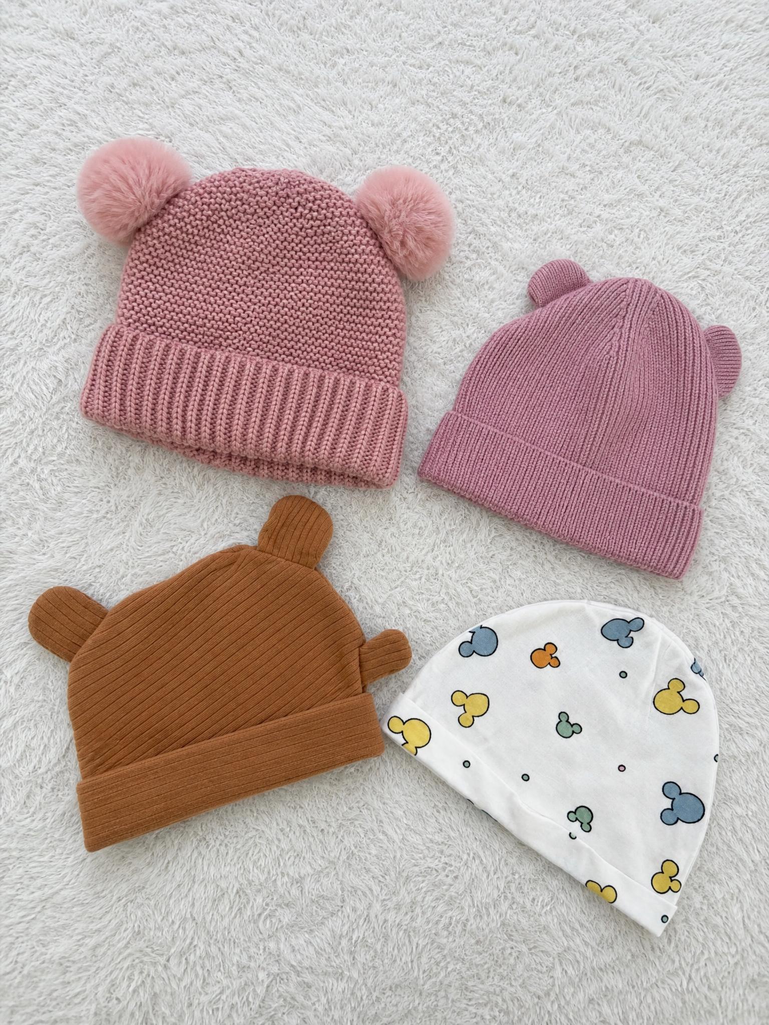 Bundle of 4 Kids Hats Beanies Pink Mustard Printed