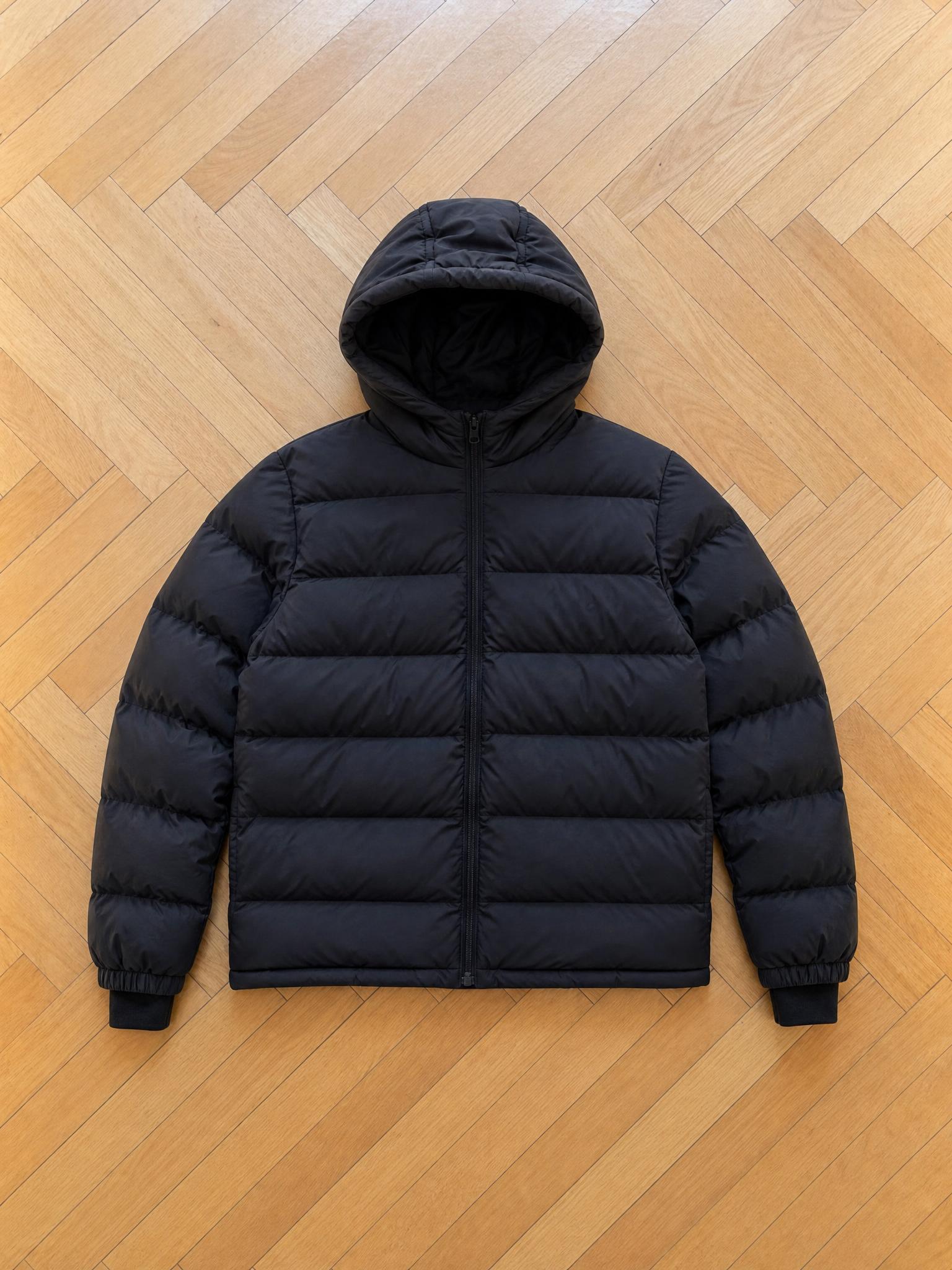 Black hooded quilted puffer jacket – very good condition