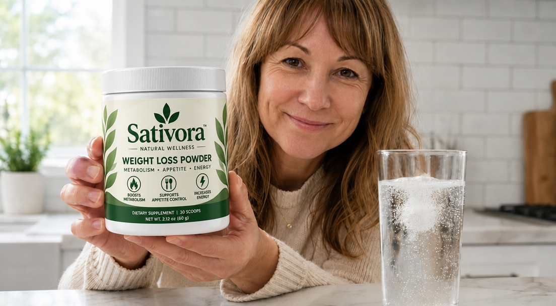 Dana holding a Sativora tub forward at a kitchen counter, smiling, a glass of water beside her with the powder dissolving in it