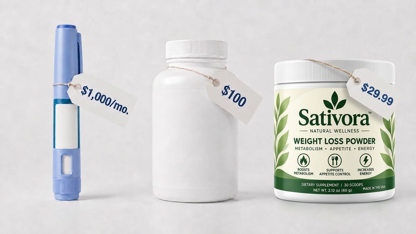 Price comparison: an injection pen tagged $1,000 per month, a plain white capsule bottle tagged $100, and a Sativora tub tagged $29.99