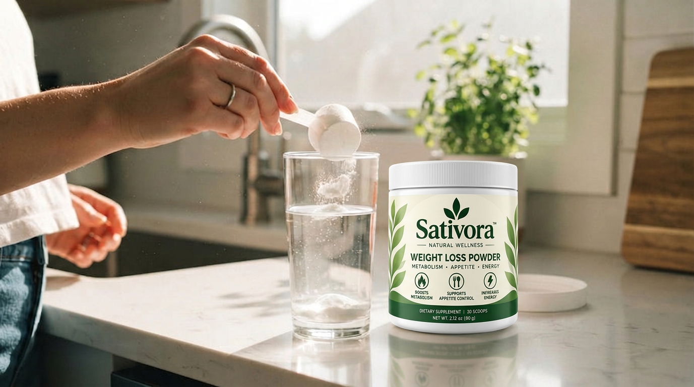 A hand scooping Sativora powder into a glass of water on a sunny morning kitchen counter