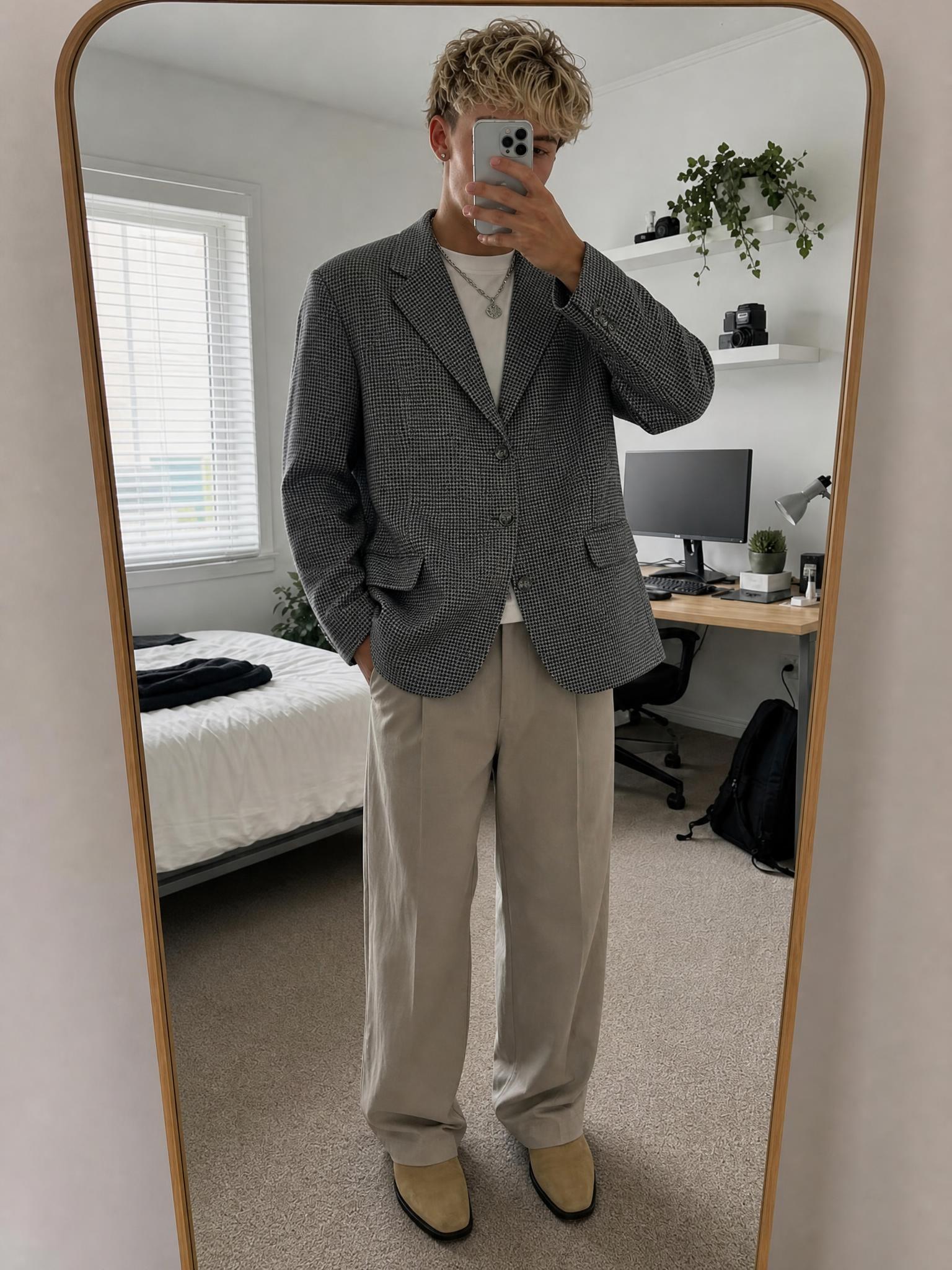 Men’s Grey Micro-Check Blazer with Navy Lining