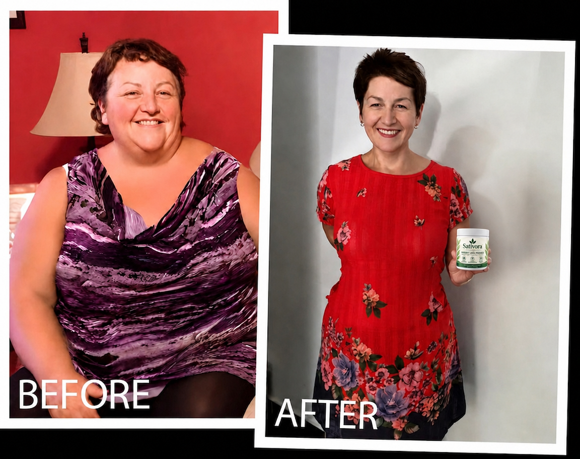 Before and after of Marlene, 67, grandmother, before avoiding the camera in a bathrobe, after smiling in dark-wash jeans she pulls out at the waist