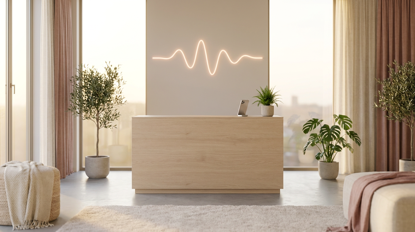 Rustige moderne receptie met een smartphone op de balie en een zachte lichtgevende geluidsgolf, symbool voor een digitale receptioniste