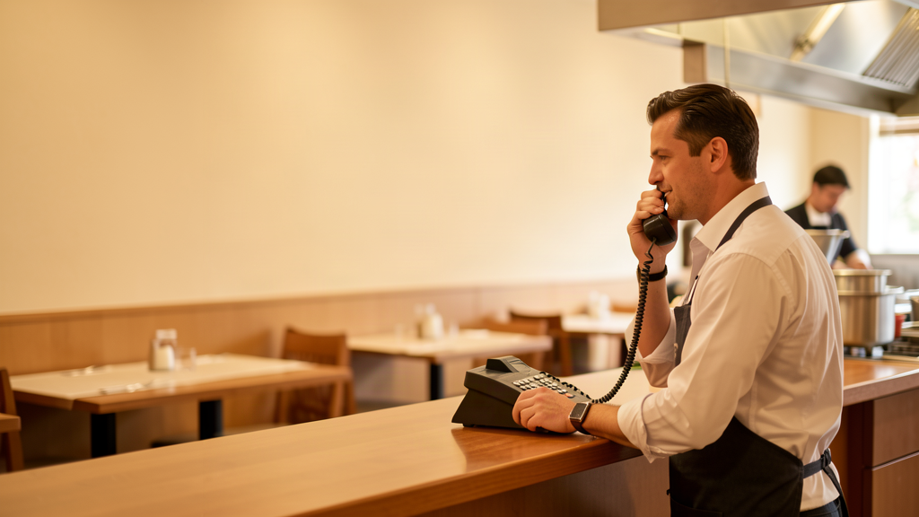 A warm, inviting restaurant host stand with a single ringing landline phone, a restaurant dining area softly blurred in the background, no text or lettering anywhere