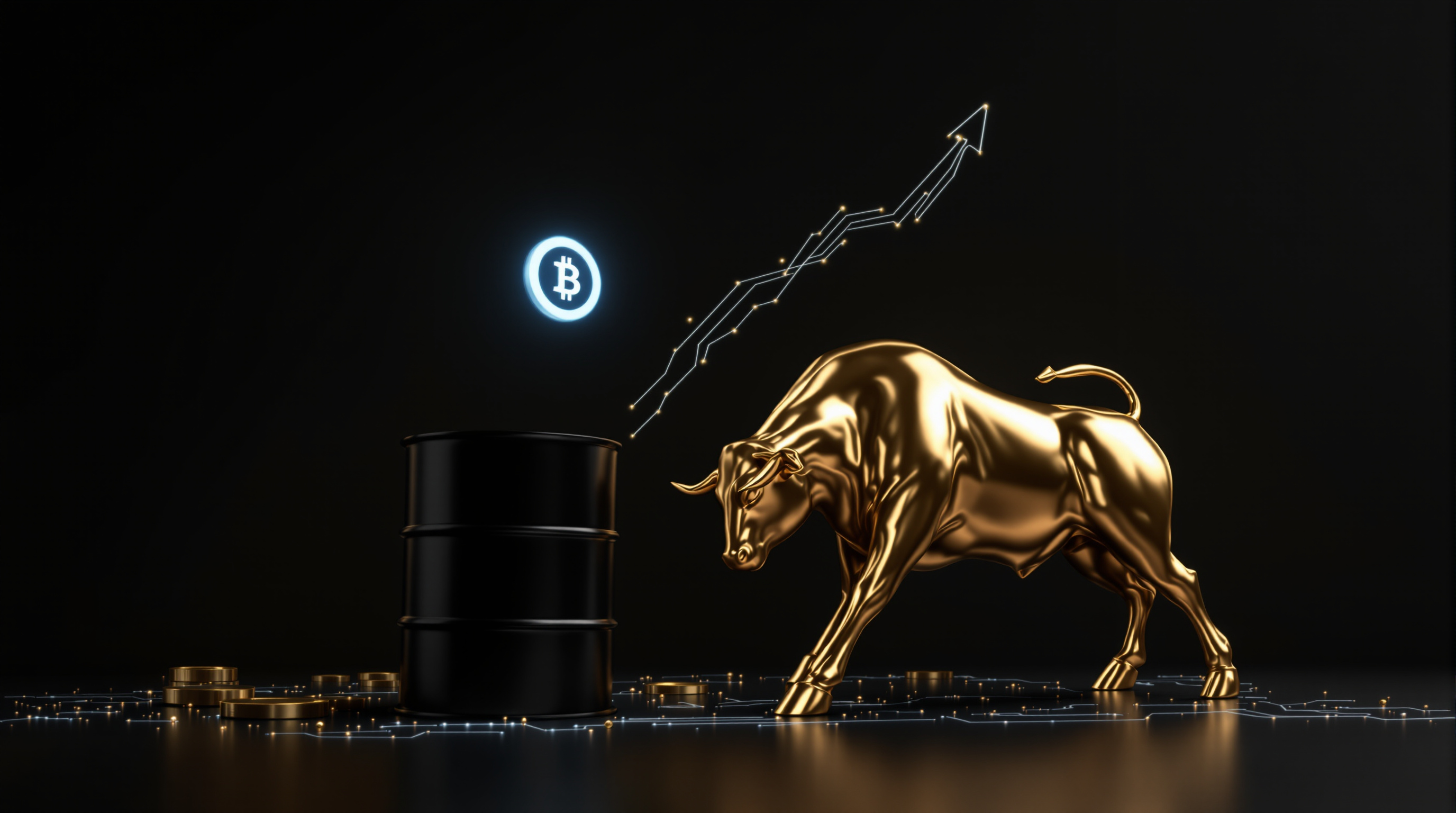 polished gold bull sculpture, matte black oil barrel tipping downward, luminous silver‑blue digital coin (no logos) and abstract neural-circuit ribbon — editorial cover artwork for the Knightron story on Stocks Rally As Oil Plunges 3.7%, Nasdaq Hits Record On AI O