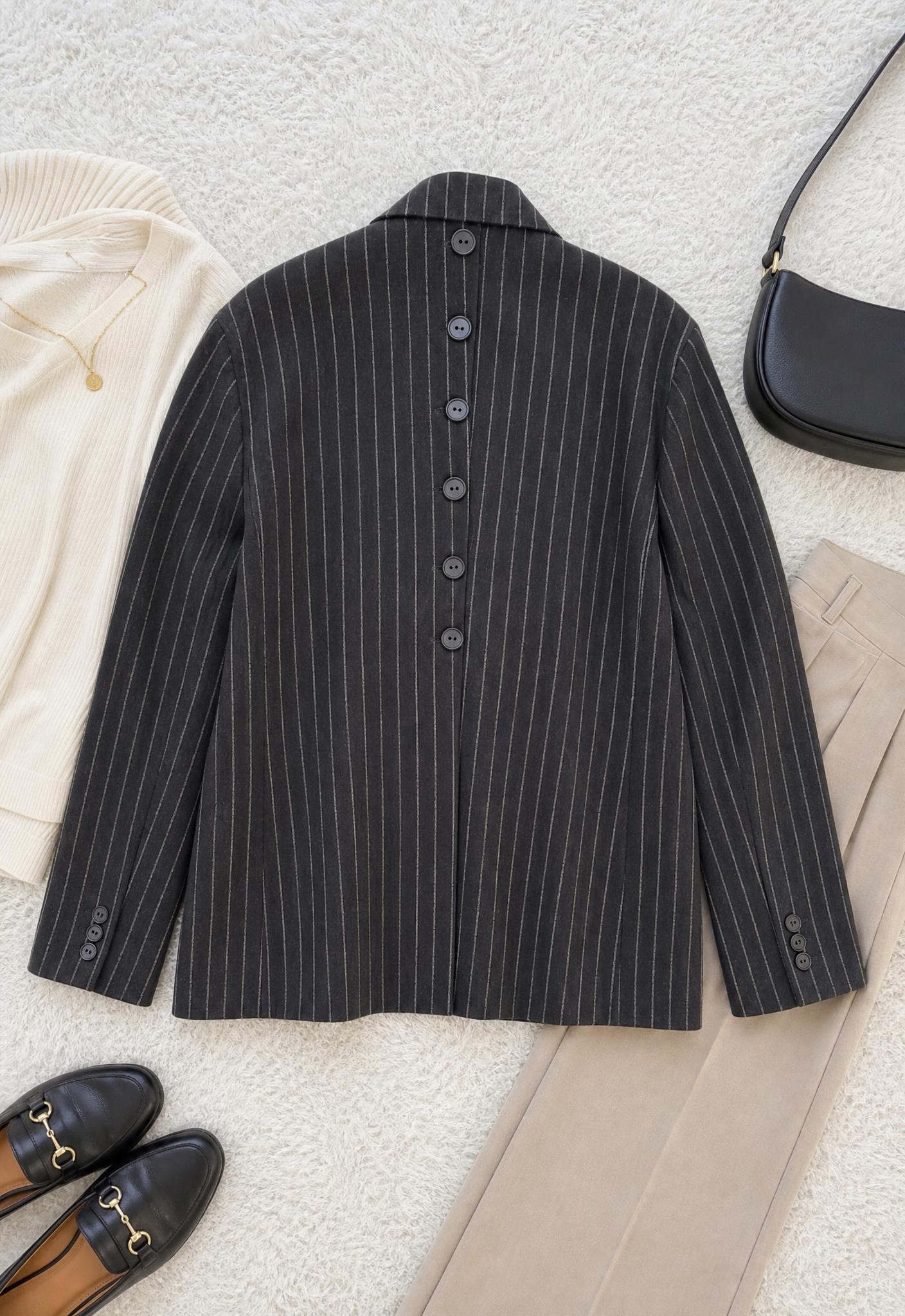Dark Pinstripe Tailored Blazer with Button Front