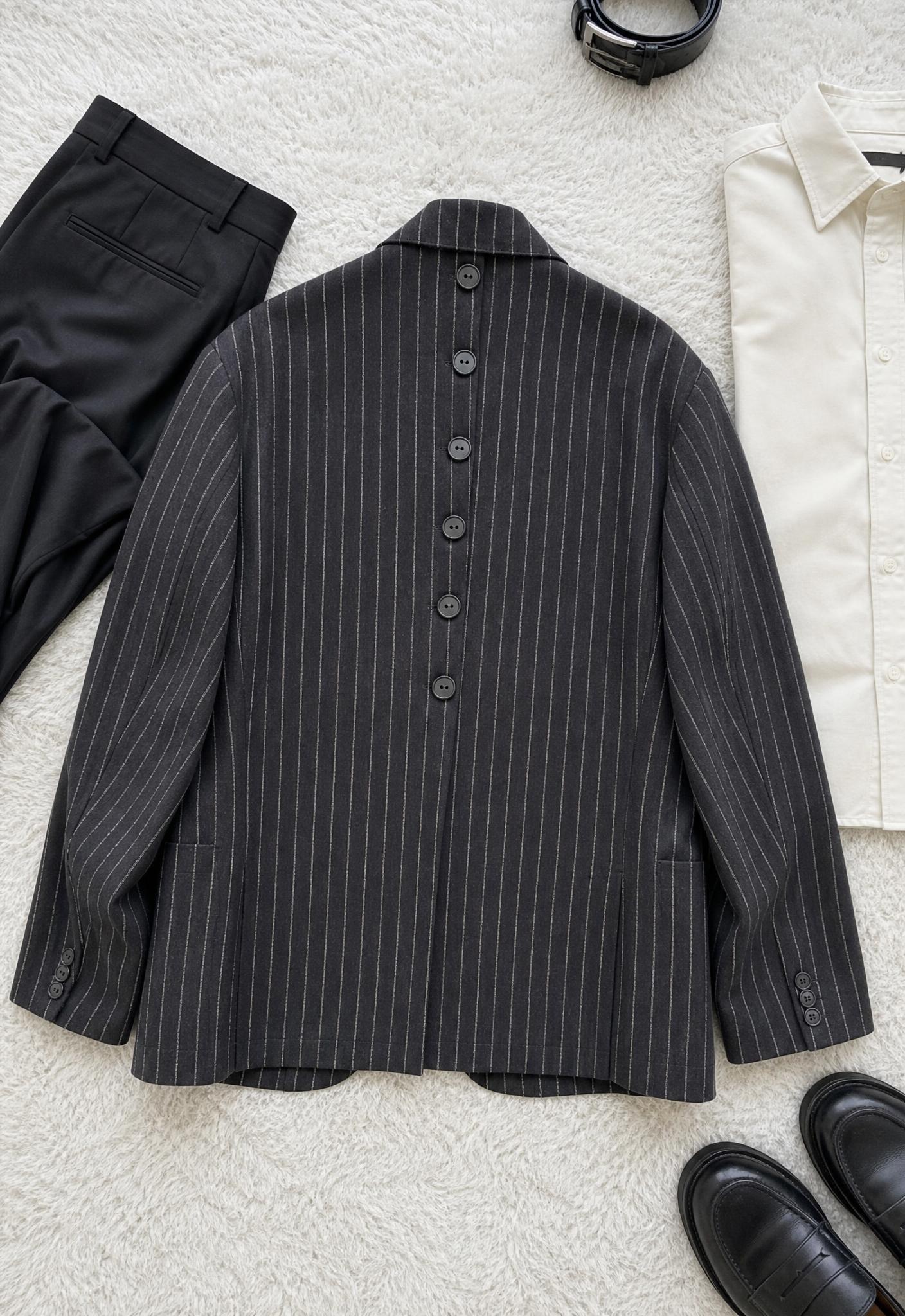 Charcoal Pinstripe Button-Up Blazer with High Neck