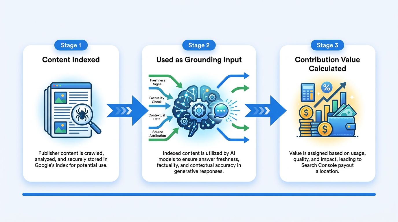 Three-stage sequence diagram of the Google AI contribution pilot grounding process