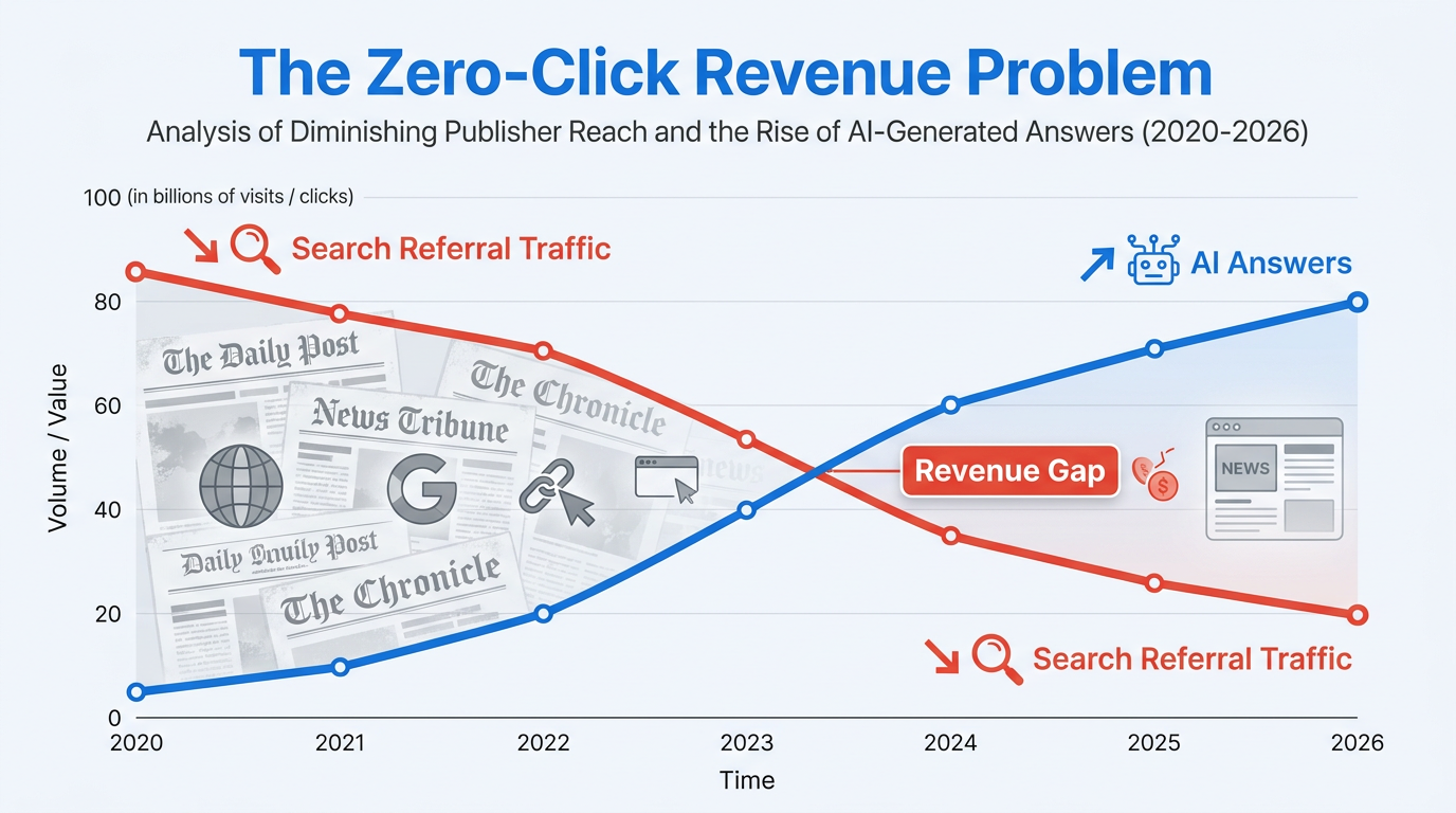 Data visualization showing publisher referral traffic declining as AI answers rise, creating a revenue gap