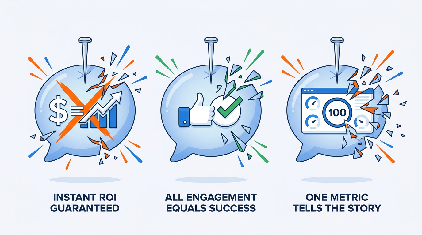 Illustration of three misconception bubbles being popped about Google AI contribution pilot
