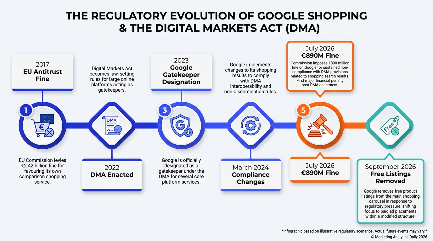 Timeline infographic showing Google Shopping DMA milestones from 2017 to 2026
