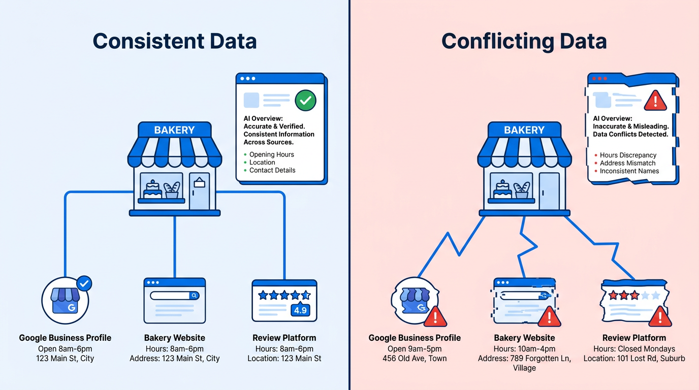 Split-screen comparison of consistent versus conflicting local business data affecting AI Overview accuracy