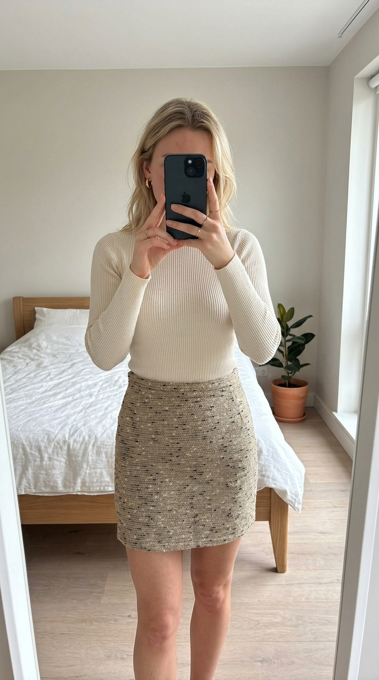 Textured beige tweed-style mini skirt with flecks