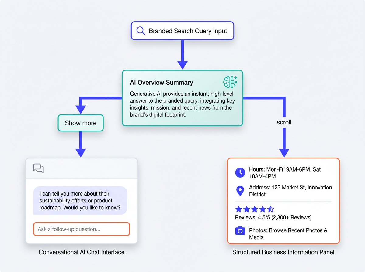 Flowchart showing local knowledge panel AI Overview branded search user journey
