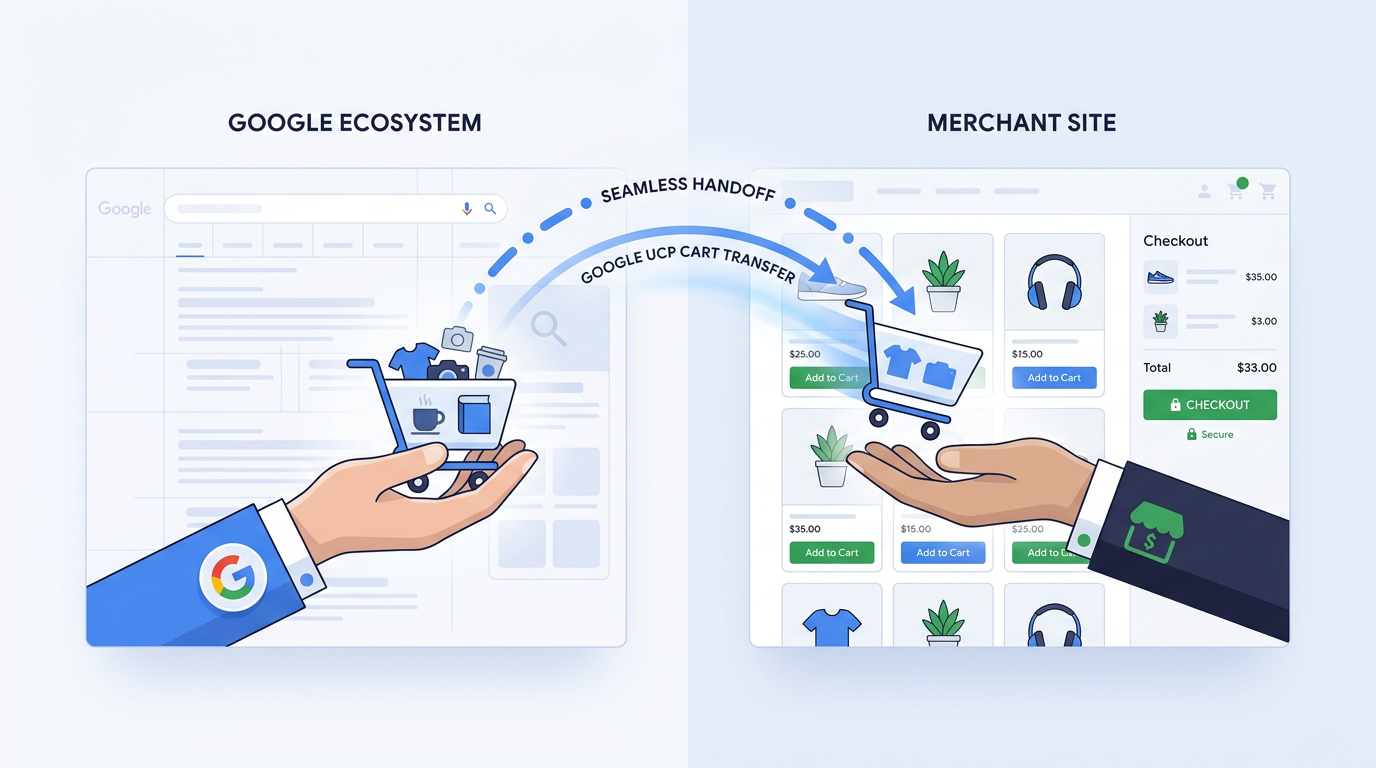 Illustration of Google UCP cart transfer handoff from Google to merchant website