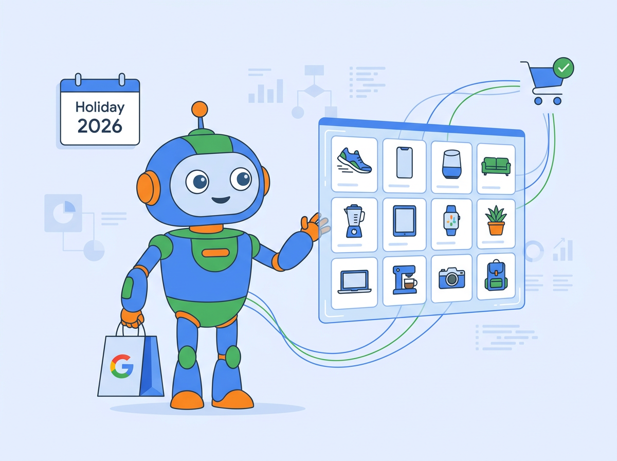 Friendly robot assistant managing Google UCP cart transfer for holiday 2026 shopping