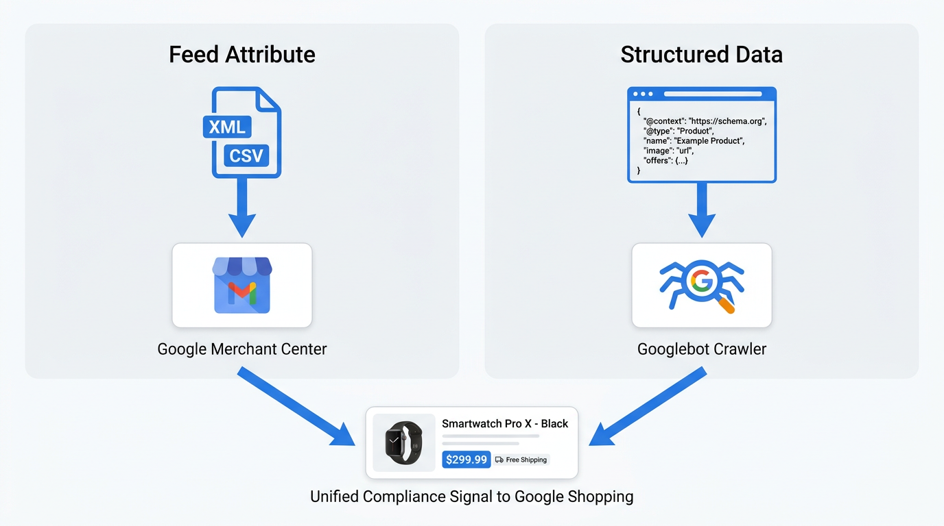 Architecture diagram comparing adult attribute feed path and hasAdultConsideration structured data path in Google Shopping
