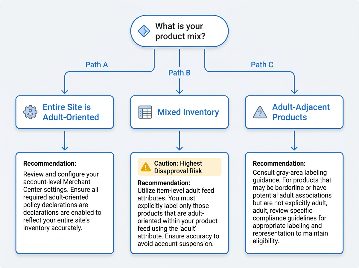 Flowchart showing three adult attribute implementation paths for Google Shopping