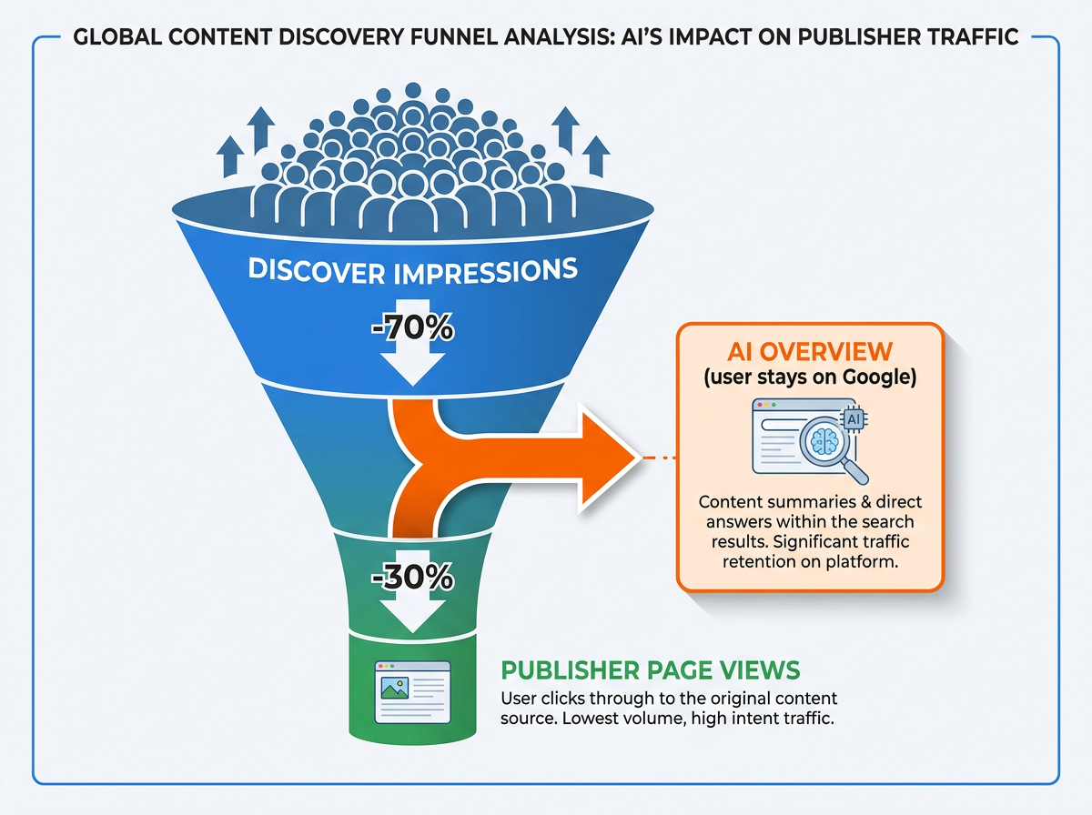 Infographic funnel showing Google Discover publisher traffic diversion risk from AI overviews 2026