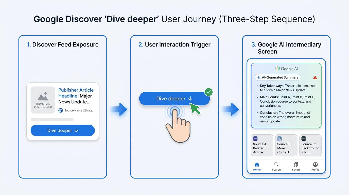 Step-by-step diagram of Google Discover Dive deeper AI overview user flow