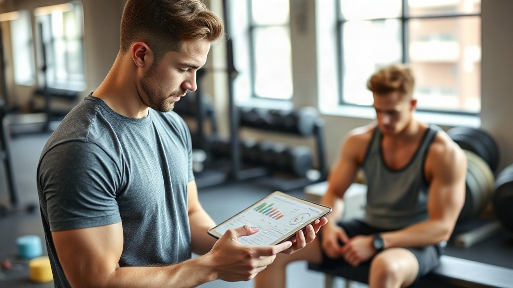 Personal trainer reviewing training data and charts on a tablet with a tired athlete resting on a be