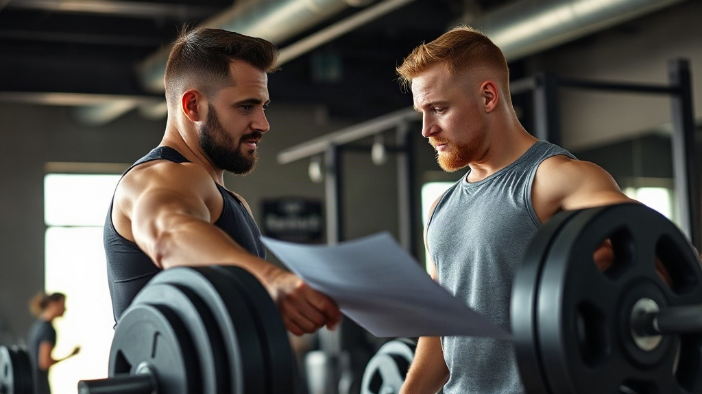 Personal trainer adjusting barbell weight plates while explaining a training plan to a client in a g