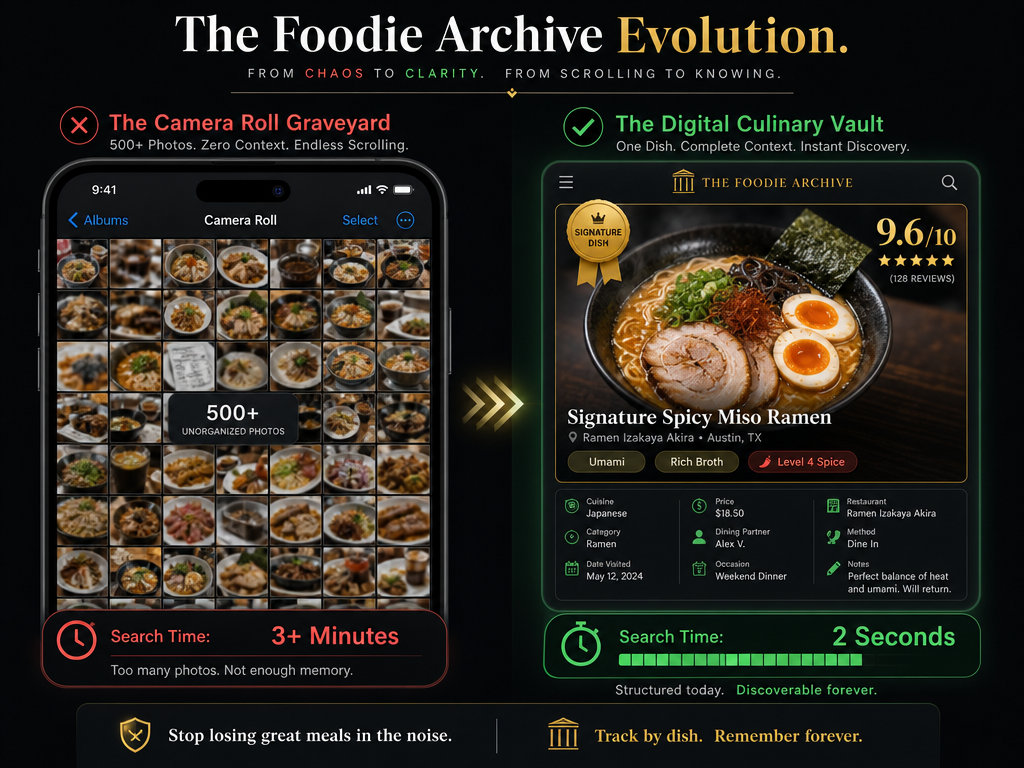 Comparison of a messy smartphone camera roll versus a structured restaurant tracking app with a 9.6 rating and dish metadata.