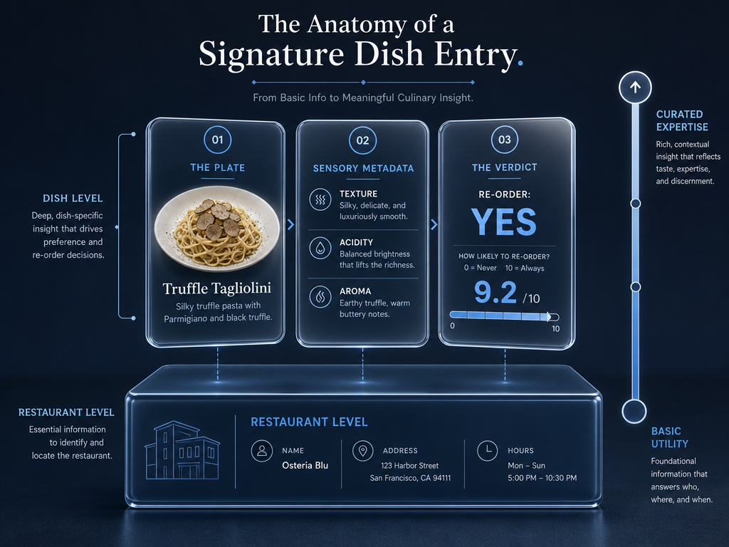 Infographic showing the hierarchy of restaurant data versus dish-level metadata like texture, acidity, and re-order status.
