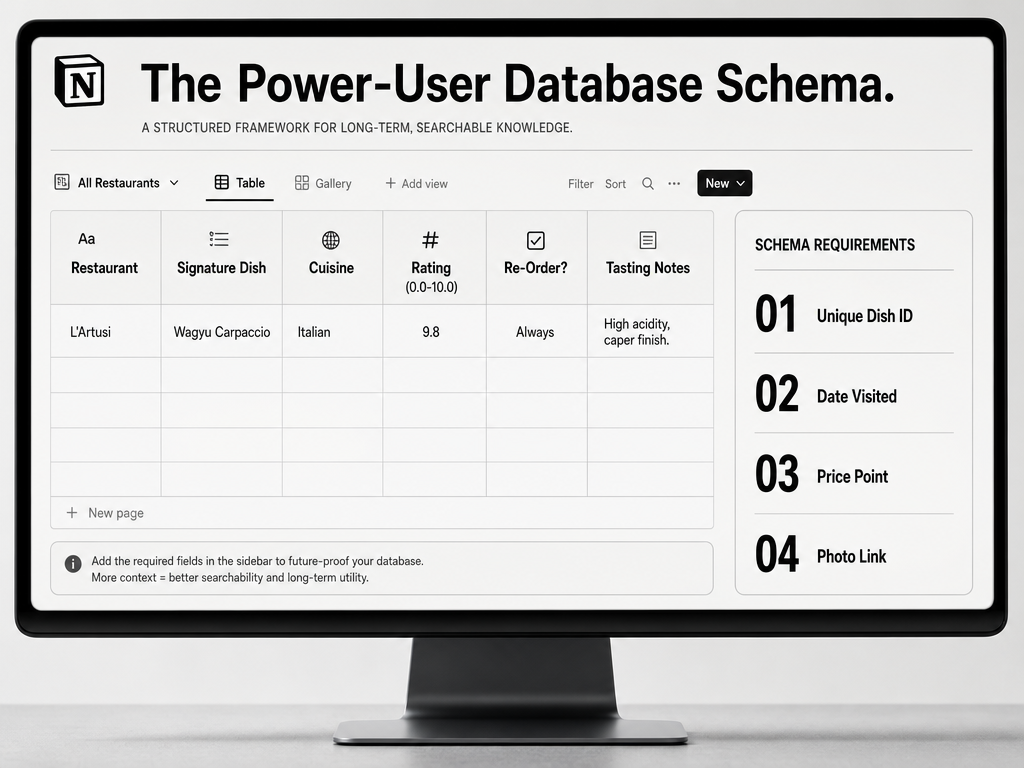 A technical database schema for Notion showing columns for restaurant name, signature dish, rating, and re-order status.