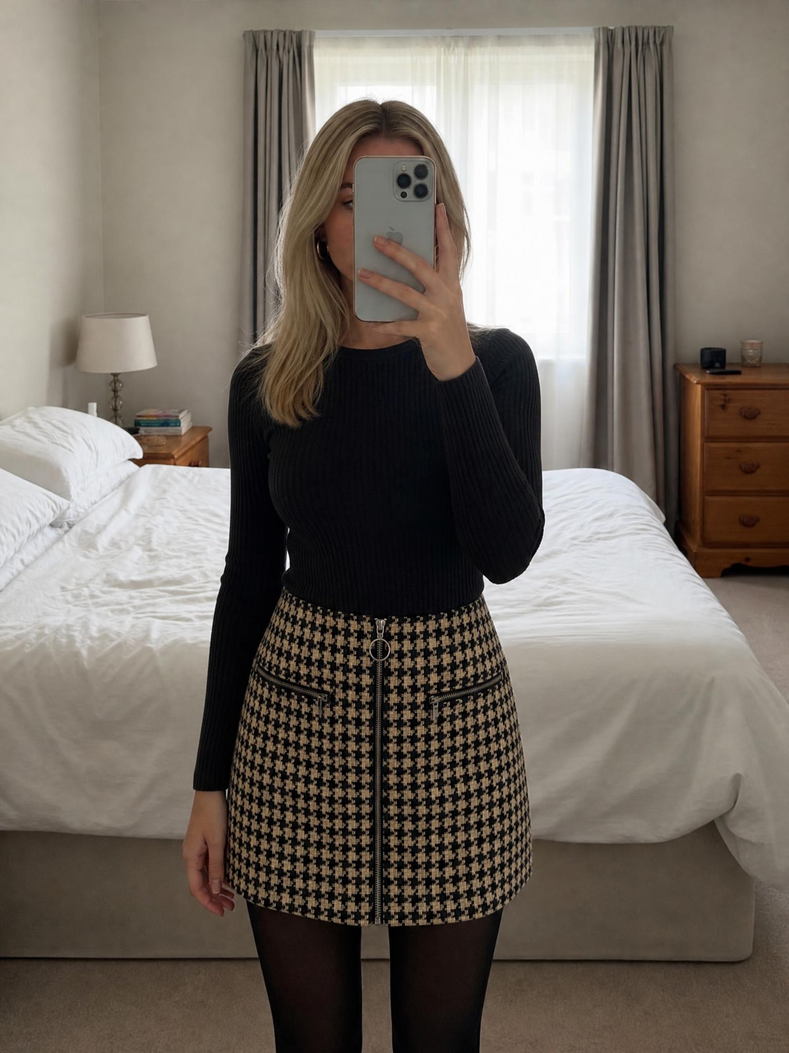 Black & Beige Check Mini Skirt with Front Zip Pockets