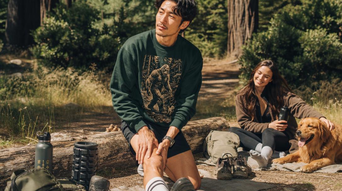 Person preparing for hiking with stretching and walking outdoors