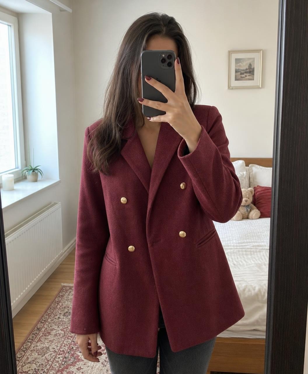 Burgundy Double-Breasted Tailored Blazer with Gold Buttons